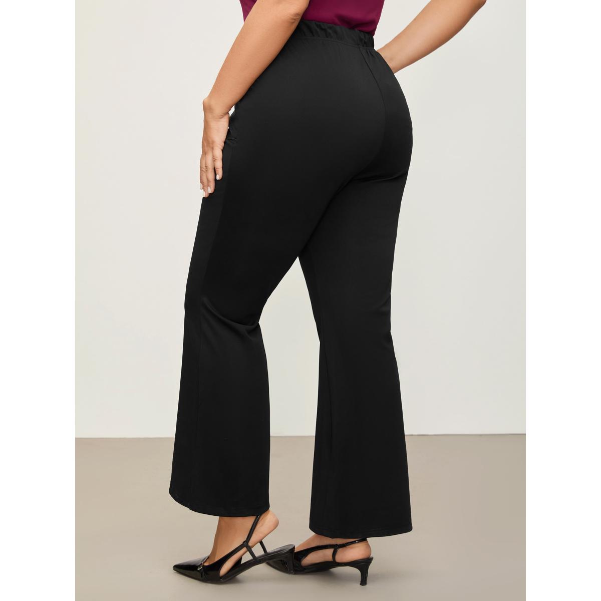 Plus Size Solid Pocket Flare Leg Elastic Waist Pants Women Black Office Flare Leg High Rise Office Pants BloomChic 28/5X Product Image