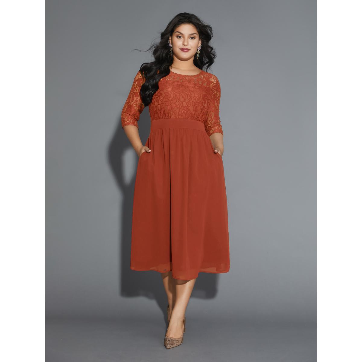 Plus Size Lace Patchwork Shirred Midi Pocket Dress OrangeRed Women Cocktail Woven ribbon&lace trim Round Neck Elbow-length sleeve Curvy BloomChic 10/M Product Image