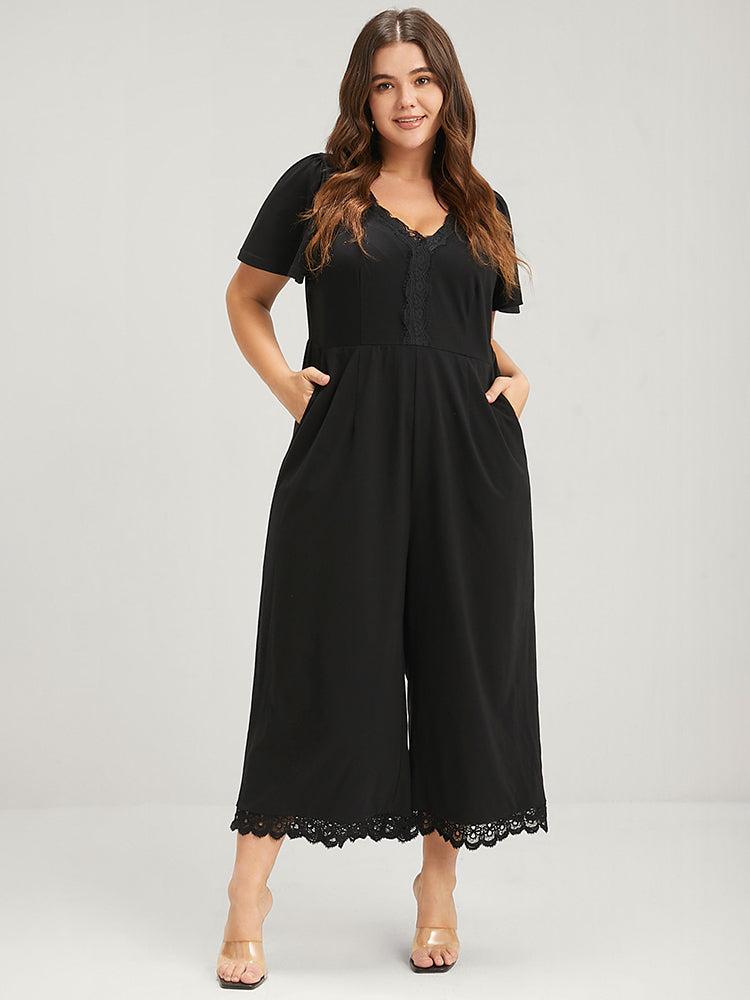 Solid Ruffles Contrast Lace Pocket Jumpsuit Female Product Image