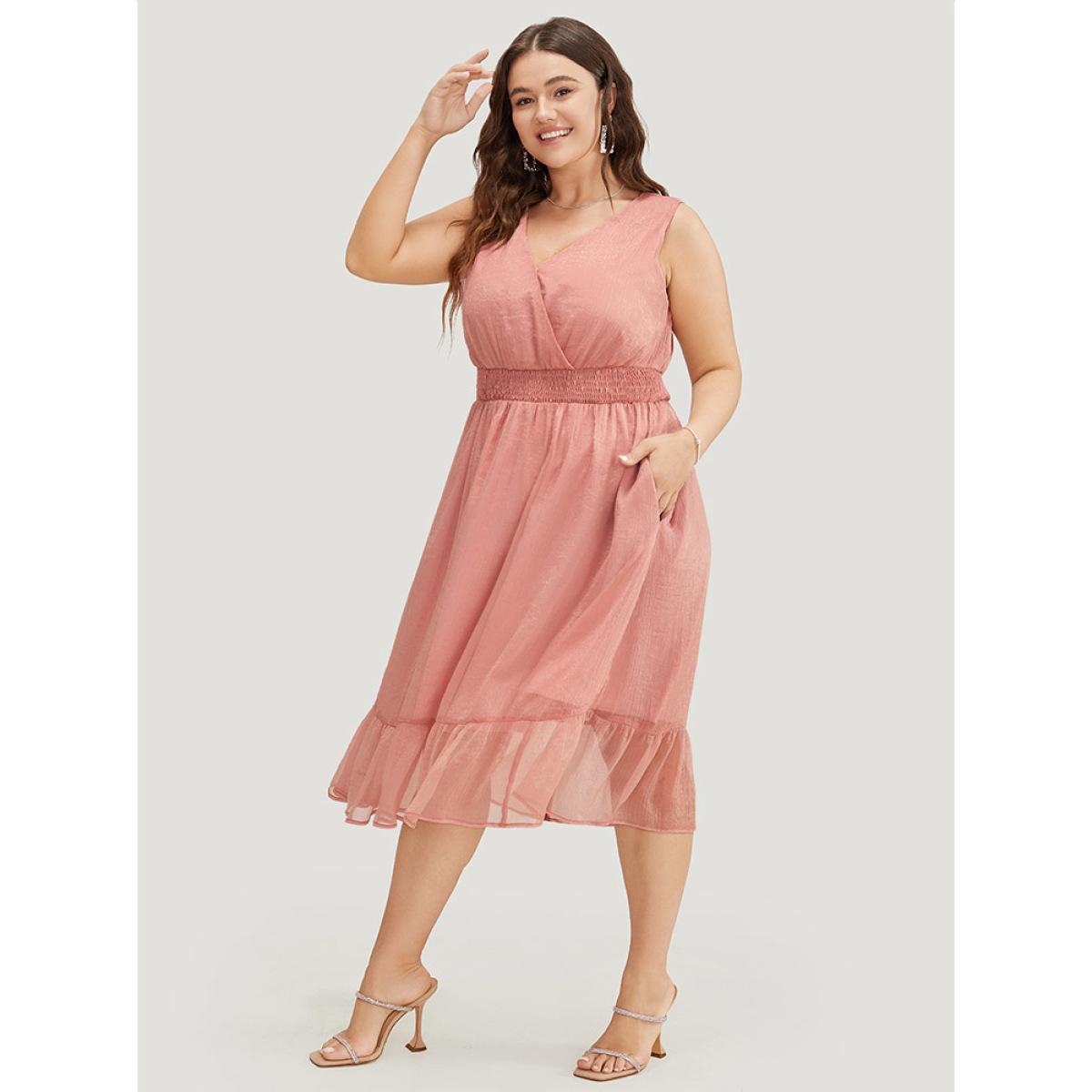 Plus Size Solid Pocket Ruffle Hem Wrap Shirred Tank Dress Pink Women Party Wrap V-neck Sleeveless Curvy Midi Dress BloomChic 22-24/3X Product Image