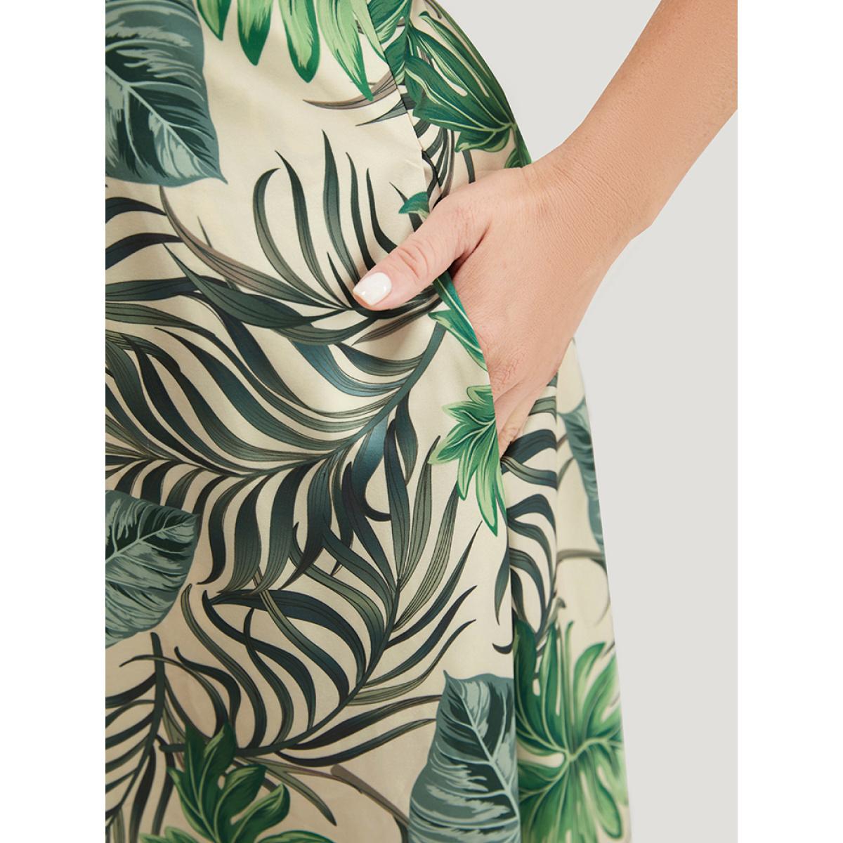Plus Size Plant Print Cap Sleeve Pocket Ruffle Trim Split Hem Dress Multicolor Women Vacation Slit V-neck Cap Sleeve Curvy Midi Dress BloomChic 14-16/1X Product Image