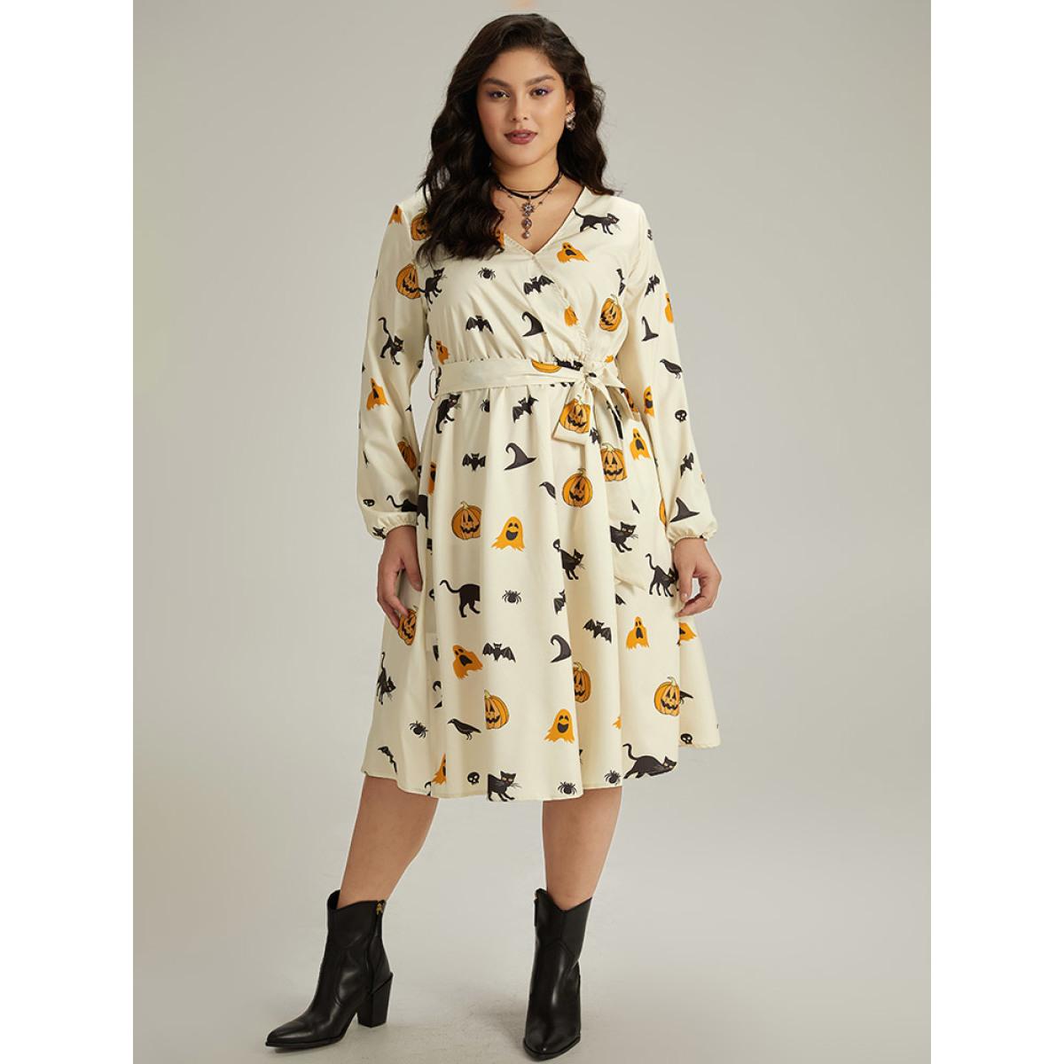 Plus Size Halloween Pumpkin & Bat Print Wrap Lantern Sleeve Dress Beige Women Office Elastic cuffs Overlap Collar Long Sleeve Curvy Midi Dress BloomChic 18-20/2X Product Image