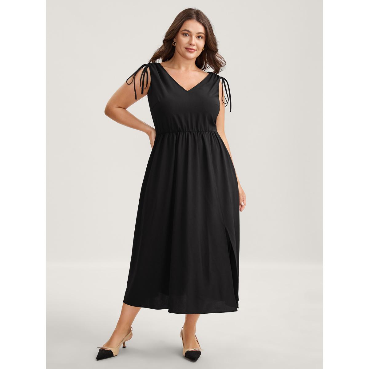 Plus Size Shoulder Drawstring Slit Solid Midi Dress Black Women V-neck Sleeveless Curvy BloomChic 26/4X Product Image