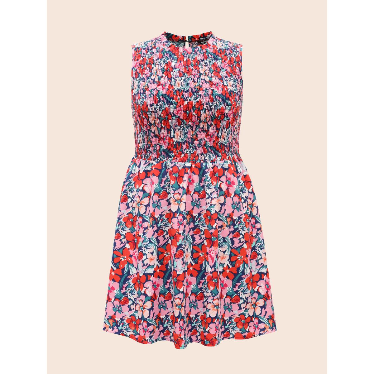 Plus Size Floral Shirred Frill Trim Tank Dress Navy Women Elegant Frill Trim Round Neck Sleeveless Curvy BloomChic 22-24/3X Product Image