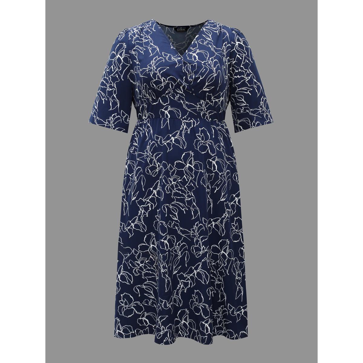 Plus Size Surplice Neck Abstract Print Fit Midi Dress Navy Women At the Office Gathered Overlap Collar Elbow-length sleeve Curvy BloomChic 18-20/2X Product Image