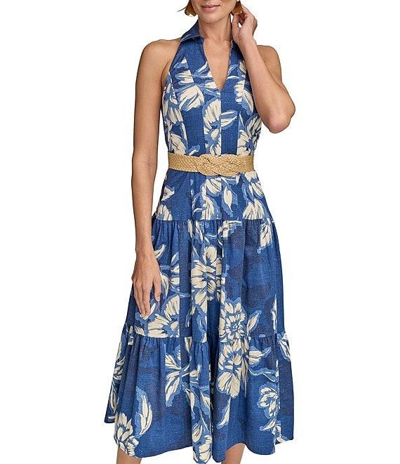 Donna Karan V-Neck Belted A-Line Midi Dress Product Image
