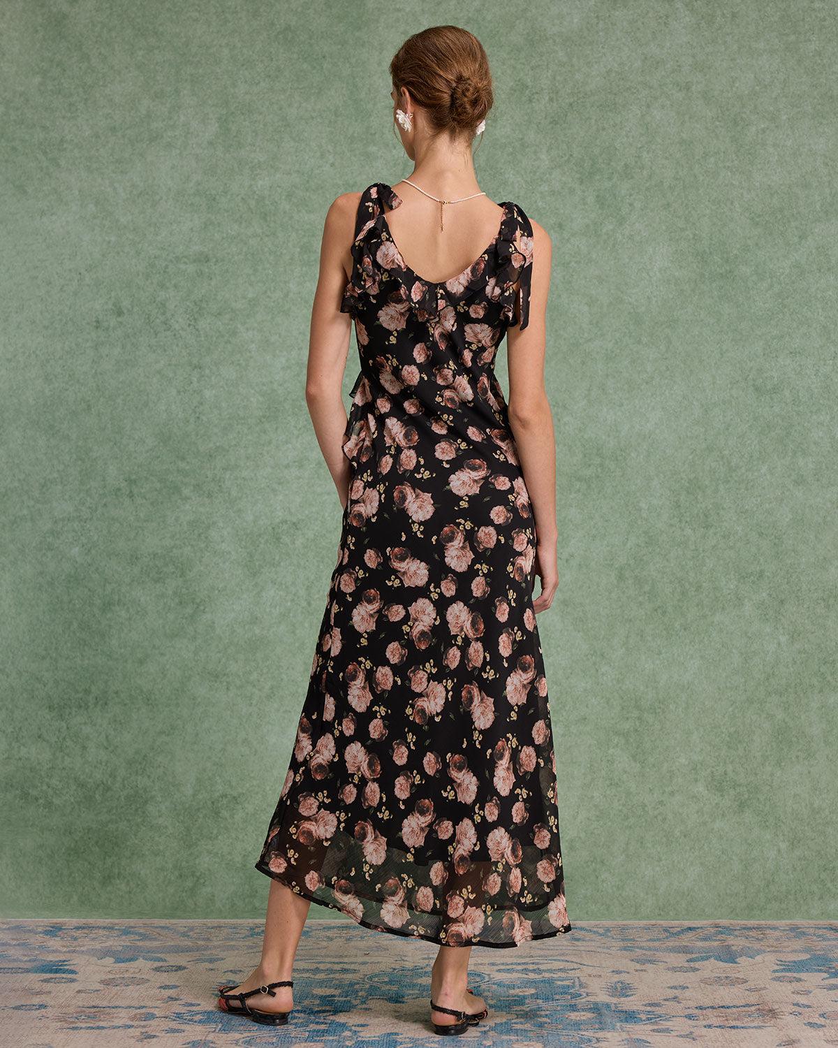 Black Floral Ruffle Sleeveless Maxi Dress Product Image