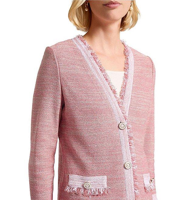 MISOOK Knit Heritage Fringe Trim Melange V-Neck Bracelet Sleeve Jacket Product Image