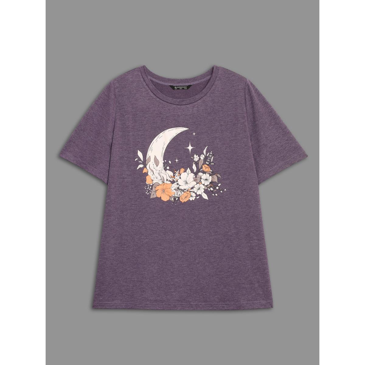 Plus Size Round Neck Moon & Floral Print T-shirt Eggplant Women Casual Non Natural Flowers Round Neck Everyday T-shirts BloomChic 10/M Product Image
