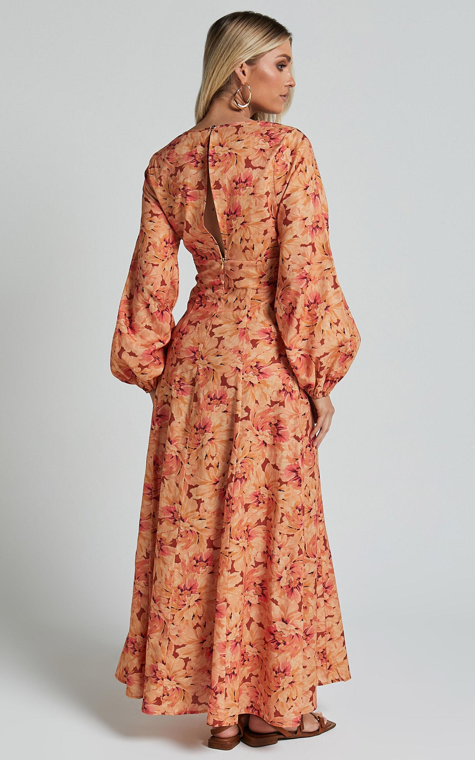 Amalie The Label - Maraien Linen Blend V Neck Front Keyhole Maxi Dress in Valencia Print Product Image