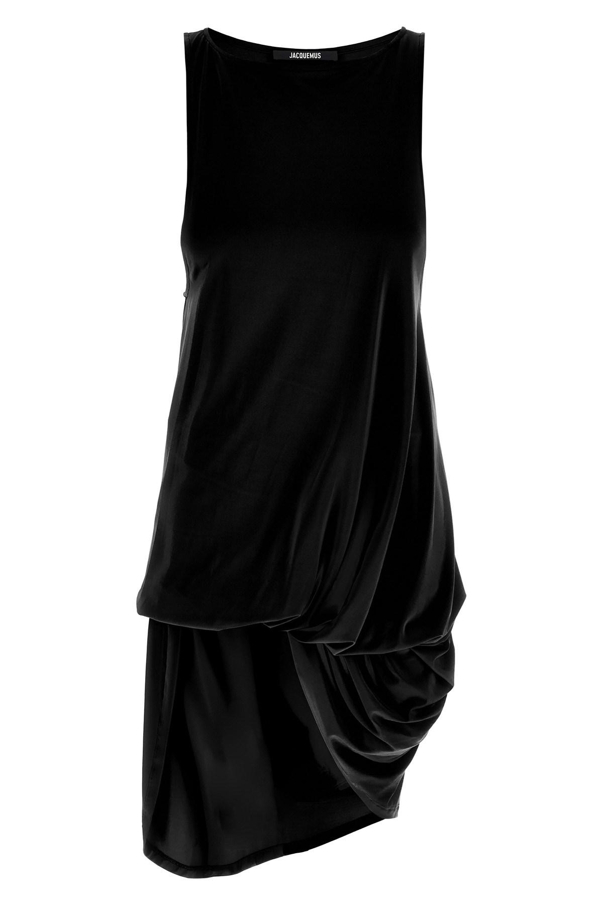 JACQUEMUS Draped Sleeveless Peplum Dress With Asymmetrical Hem In Black Product Image
