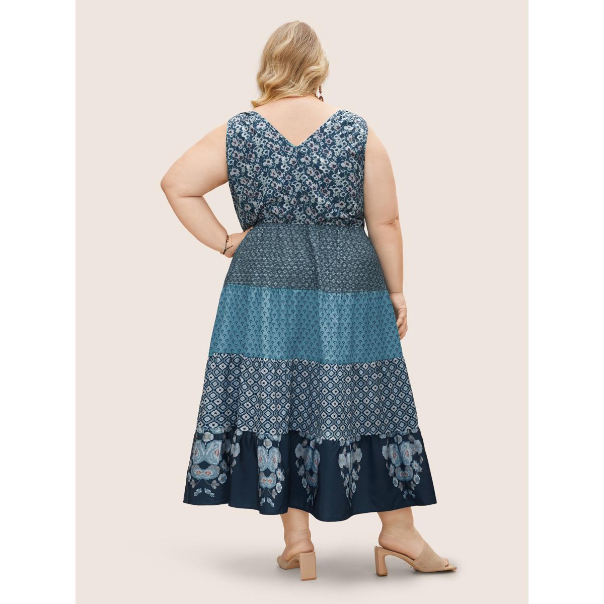Plus Size Bandana Patchwork Floral Sleeveless Dress Aegean Women Boho Pleated V-neck Sleeveless Curvy BloomChic 28/5X Product Image