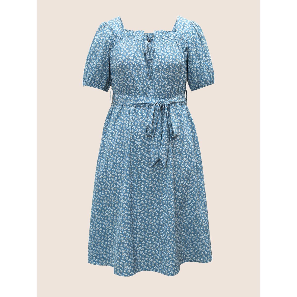 Plus Size Ditsy Floral Tie Neck Frill Trim Belted Dress Cerulean Women Elegant Non V-neck Short sleeve Curvy Midi Dress BloomChic 22-24/3X Product Image