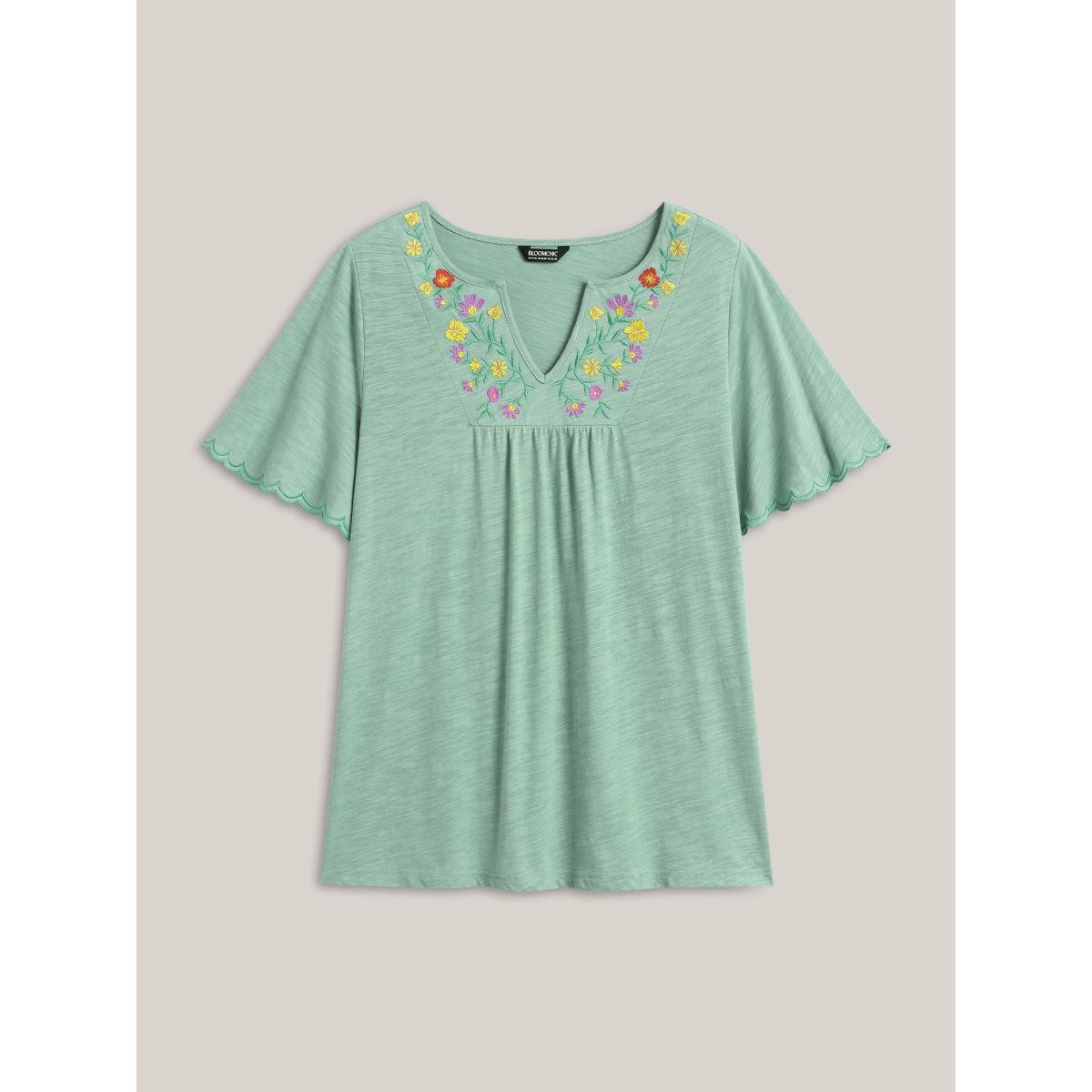 Plus Size Pure Cotton Embroidered Pleated T-Shirt Greenbean Women Boho Gathered Flat collar with V-notch Vacation T-shirts BloomChic 26/4X Product Image