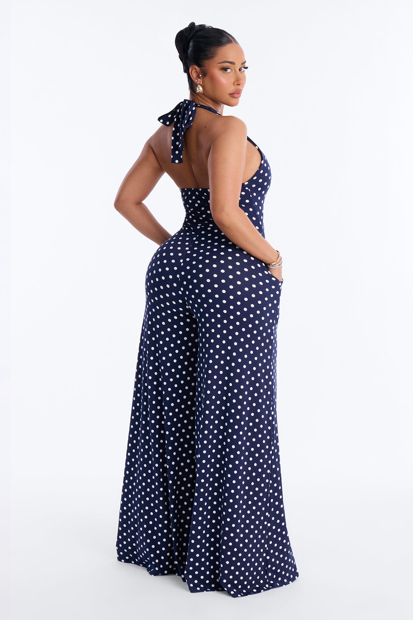 Pretty In Polka Dots Halter Jumpsuit - Navy Female Product Image