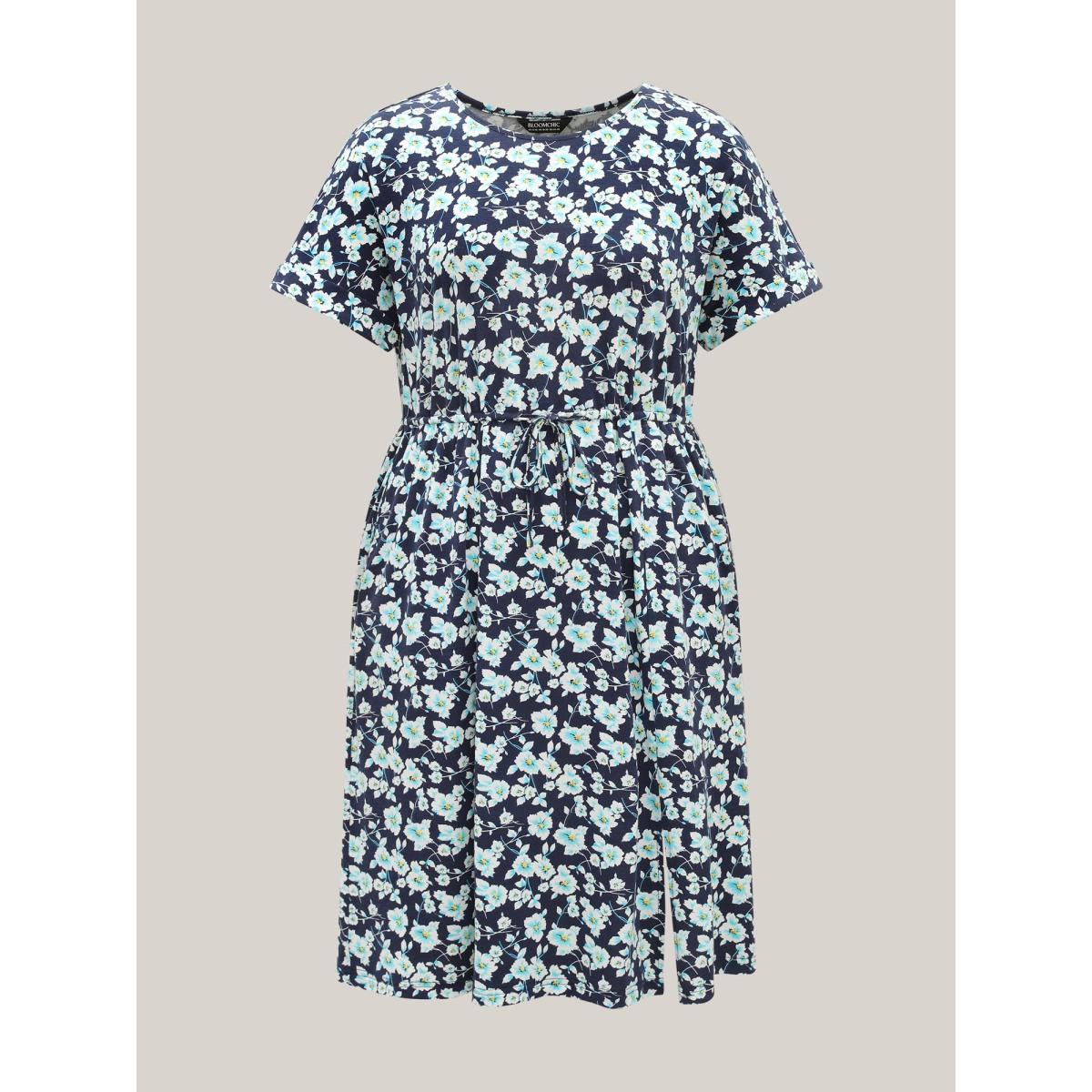 Plus Size Supersoft Ditsy Floral Waist-Tie Midi Dress Navy Women Round Neck Short sleeve Curvy BloomChic 14-16/1X Product Image