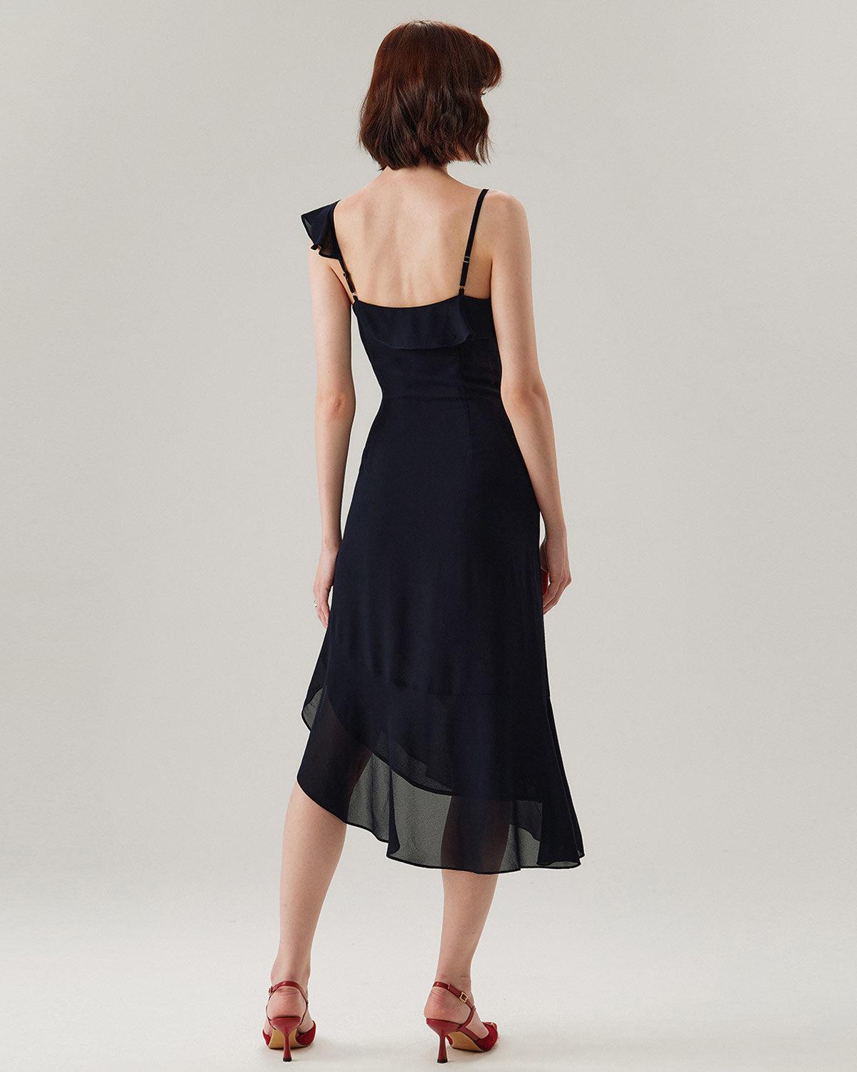 Blue Chiffon Ruffle Slip Midi Dress Product Image