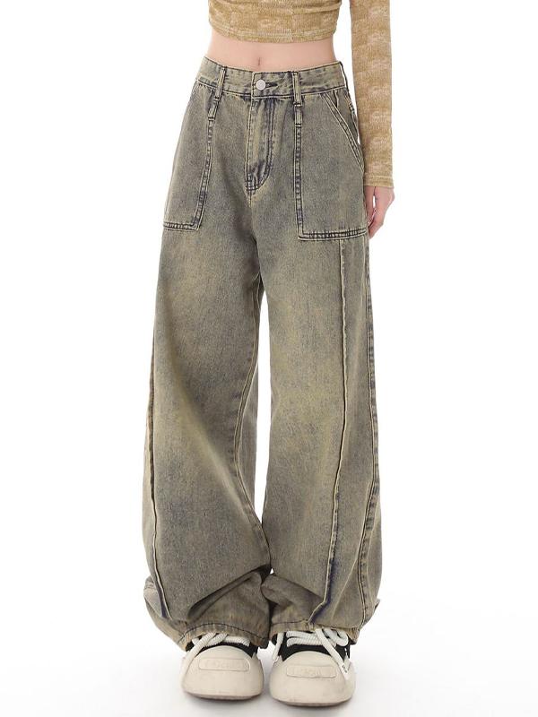 Vintage Distressed Wash Splice Boyfriend Jeans Product Image