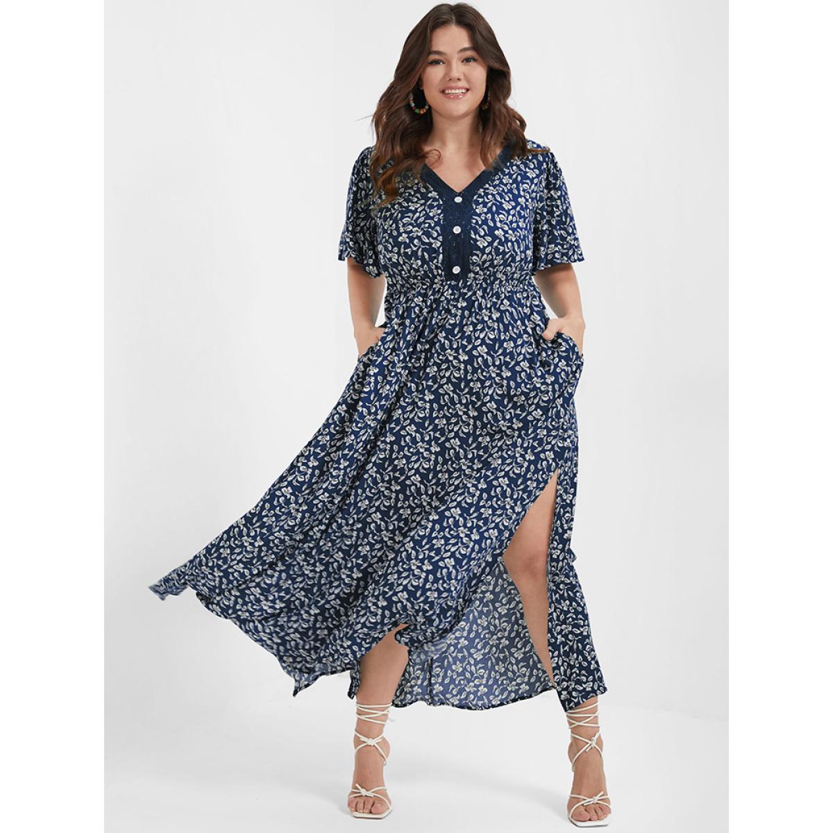 Plus Size Ditsy Floral Button Lace Pocket Split Ruffles Maxi Dress DarkBlue Women Elegant Printed V-neck Short sleeve Curvy Long Dress BloomChic 18-20/2X Product Image