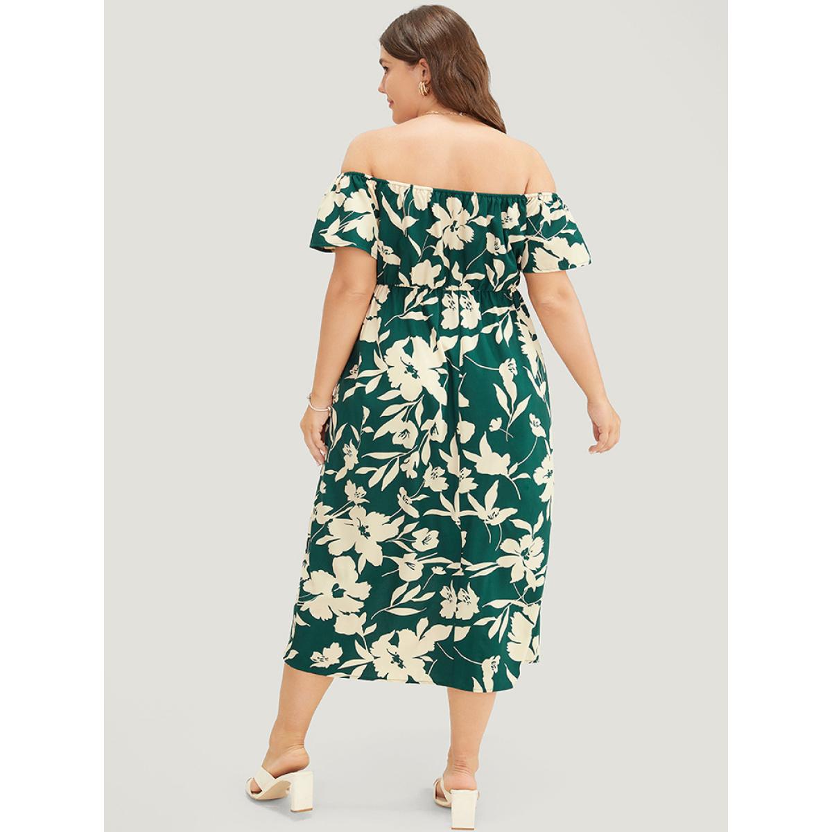 Plus Size Floral Ruffles Pleated Split Hem Pocket Off Shoulder Dress Emerald Women Elegant Printed One-shoulder neck Short sleeve Curvy Midi Dress BloomChic 30/6X Product Image