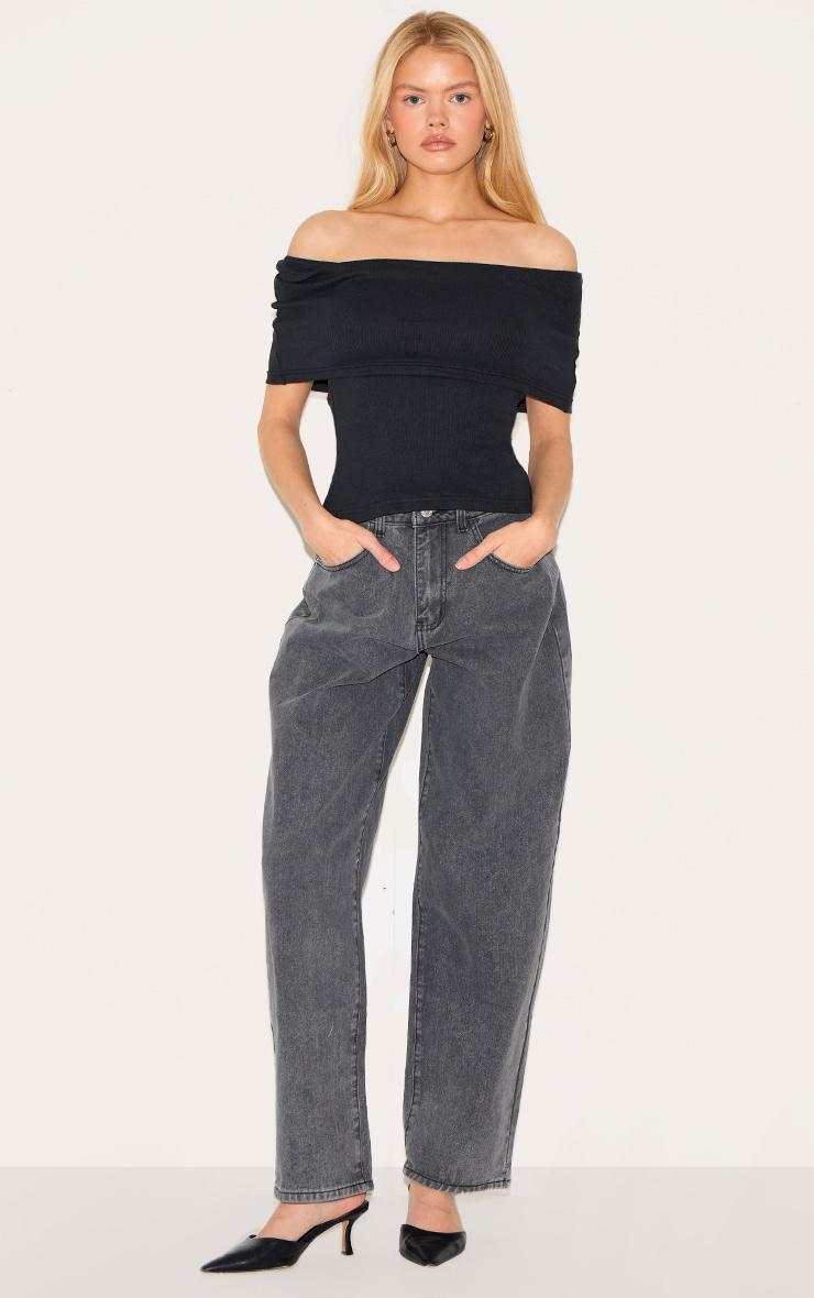 Black Ribbed Foldover Bardot Top Product Image