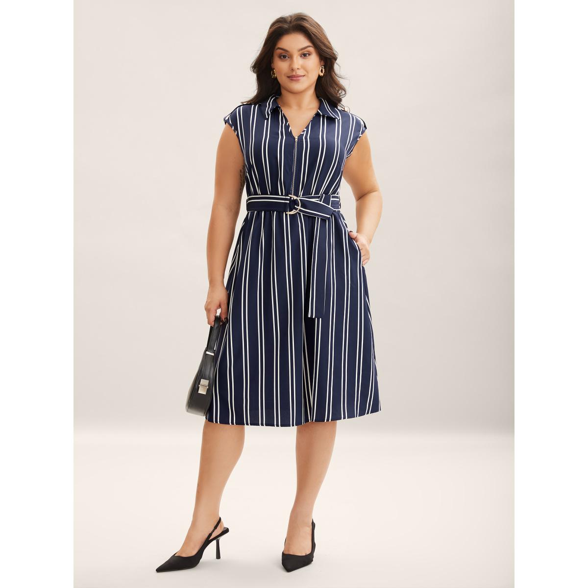 Plus Size Stripe Print Zipper Belted Midi Dress Navy Women Office Shirt collar Sleeveless Curvy BloomChic 30/6X Product Image