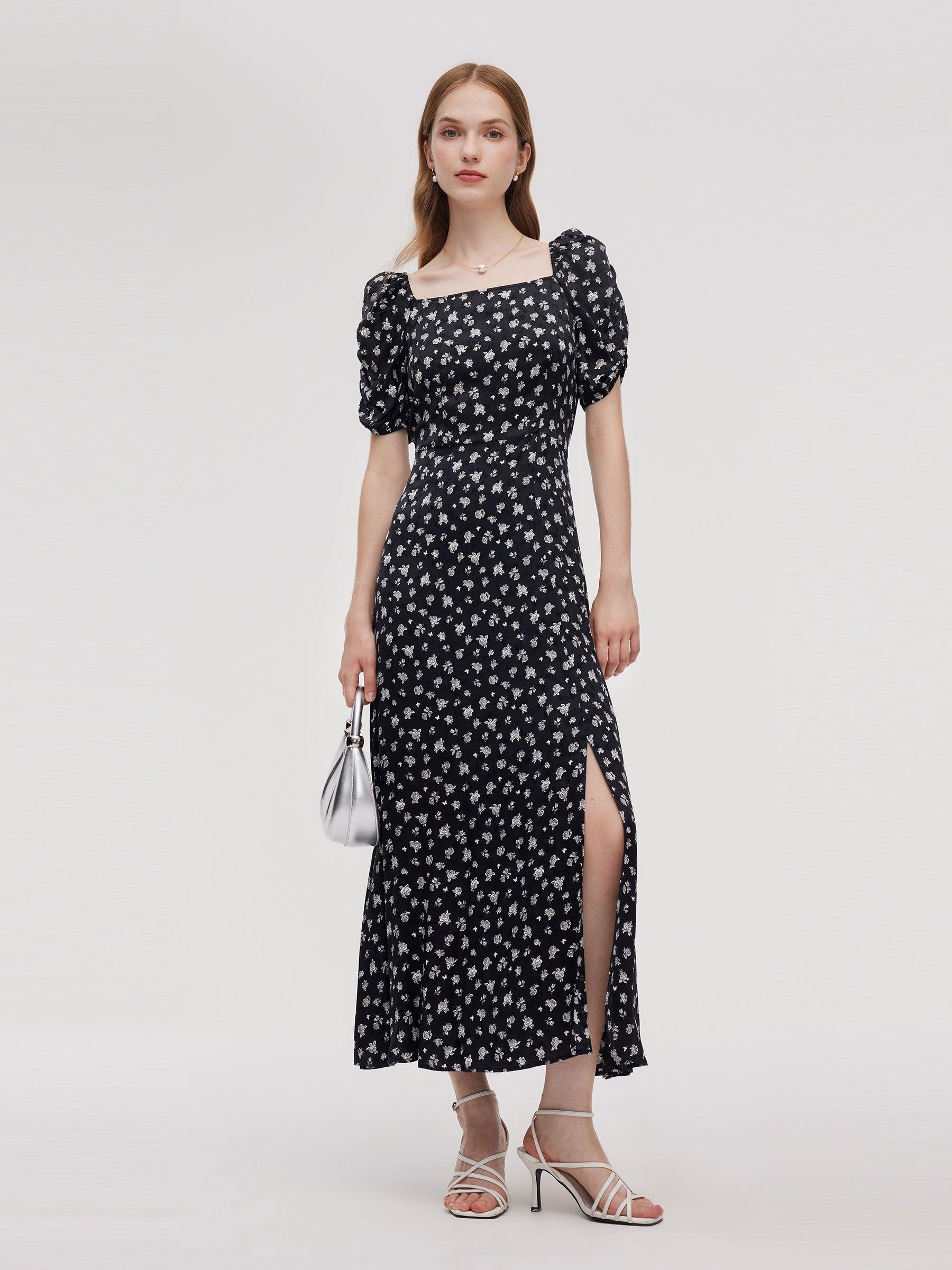 Floral Print Square Neck Women Side Slit Maxi Dress Product Image