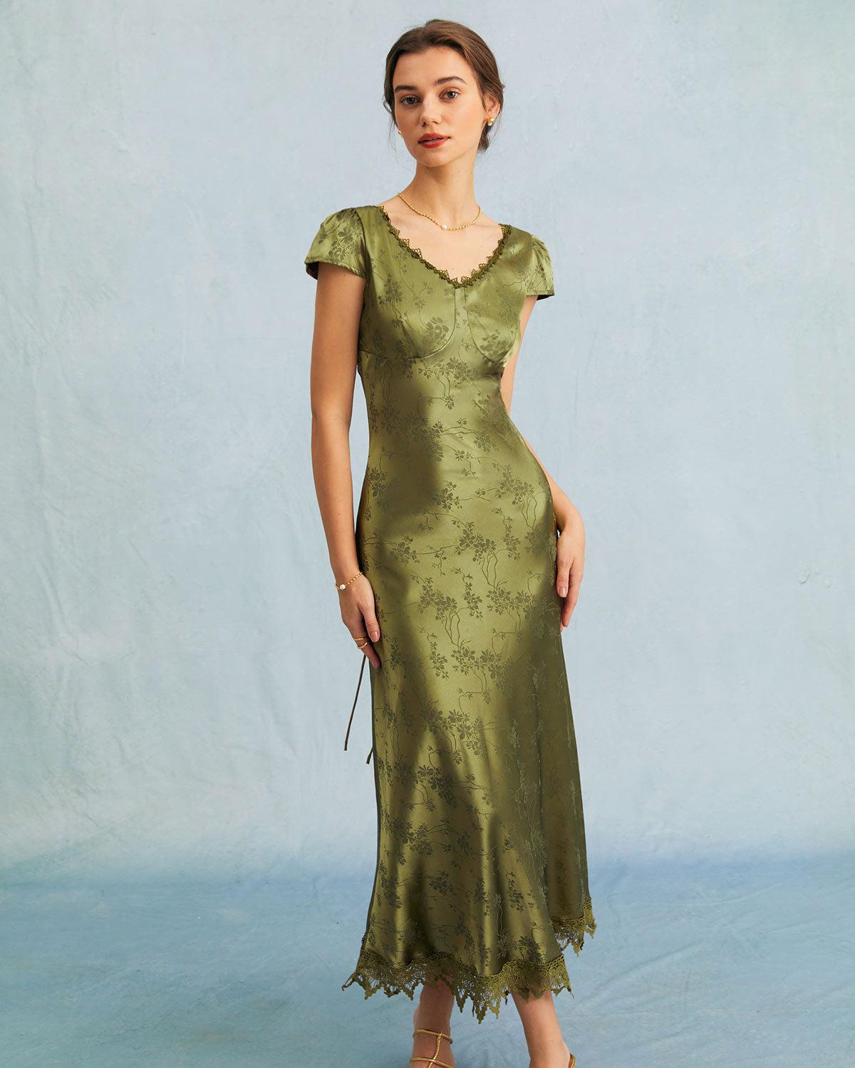 The Green Jacquard Cap Sleeve Satin Midi Dress Product Image