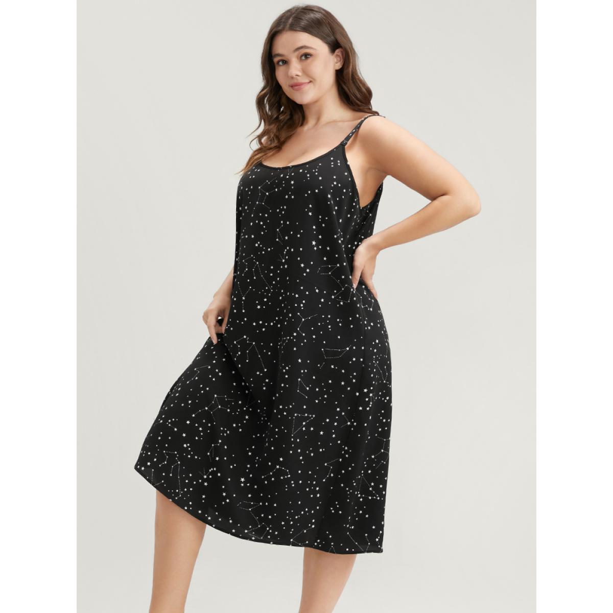 Plus Size Star Print Sleeveless Cami Night Dress Women Black Elegant Moon and Star Printed Spaghetti Strap Loungewear BloomChic 10/M Product Image