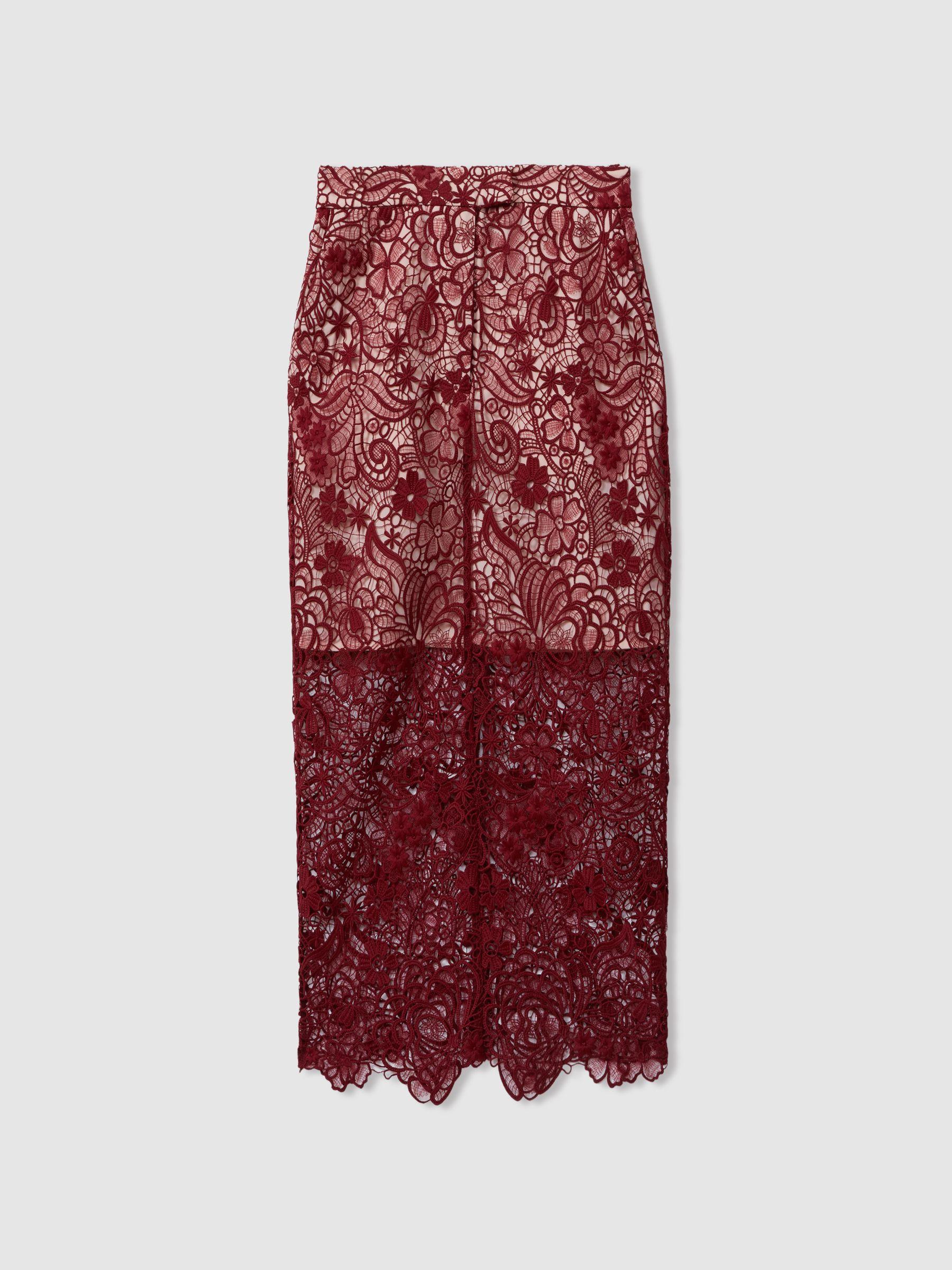 Sheer Lace Midi Pencil Skirt in Burgundy Product Image