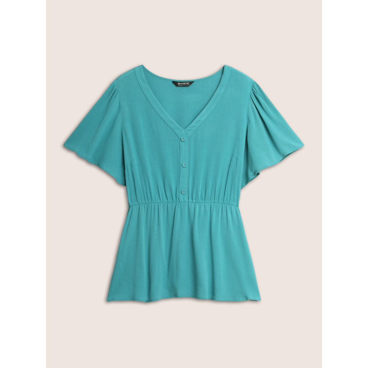 Plus Size Teal Rayon Button Detail Ruffle Sleeve Blouse Women Elegant Short sleeve V-neck Everyday Blouses BloomChic 12/L Product Image