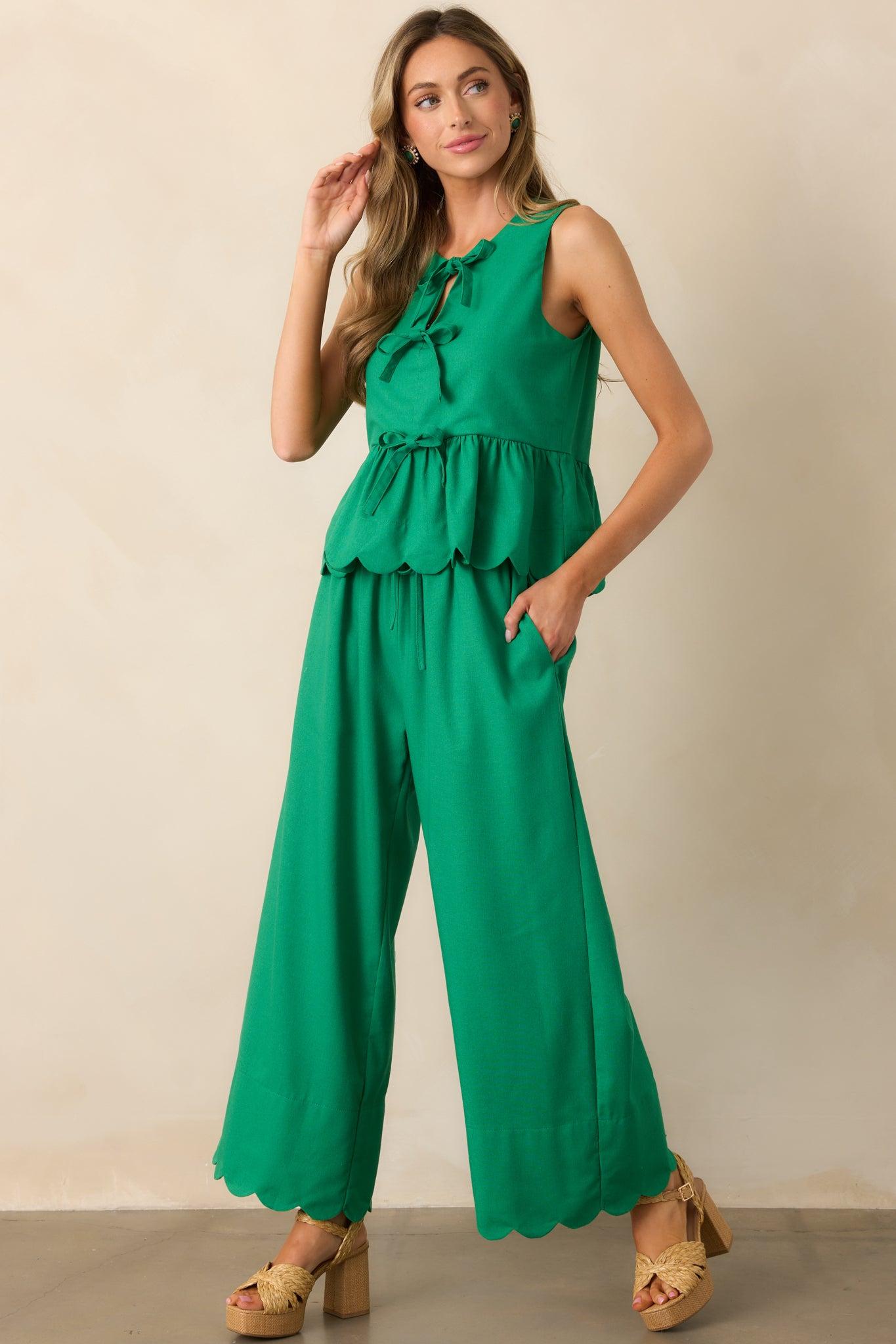 Weekend Getaway Green Scalloped Hem Pants Product Image