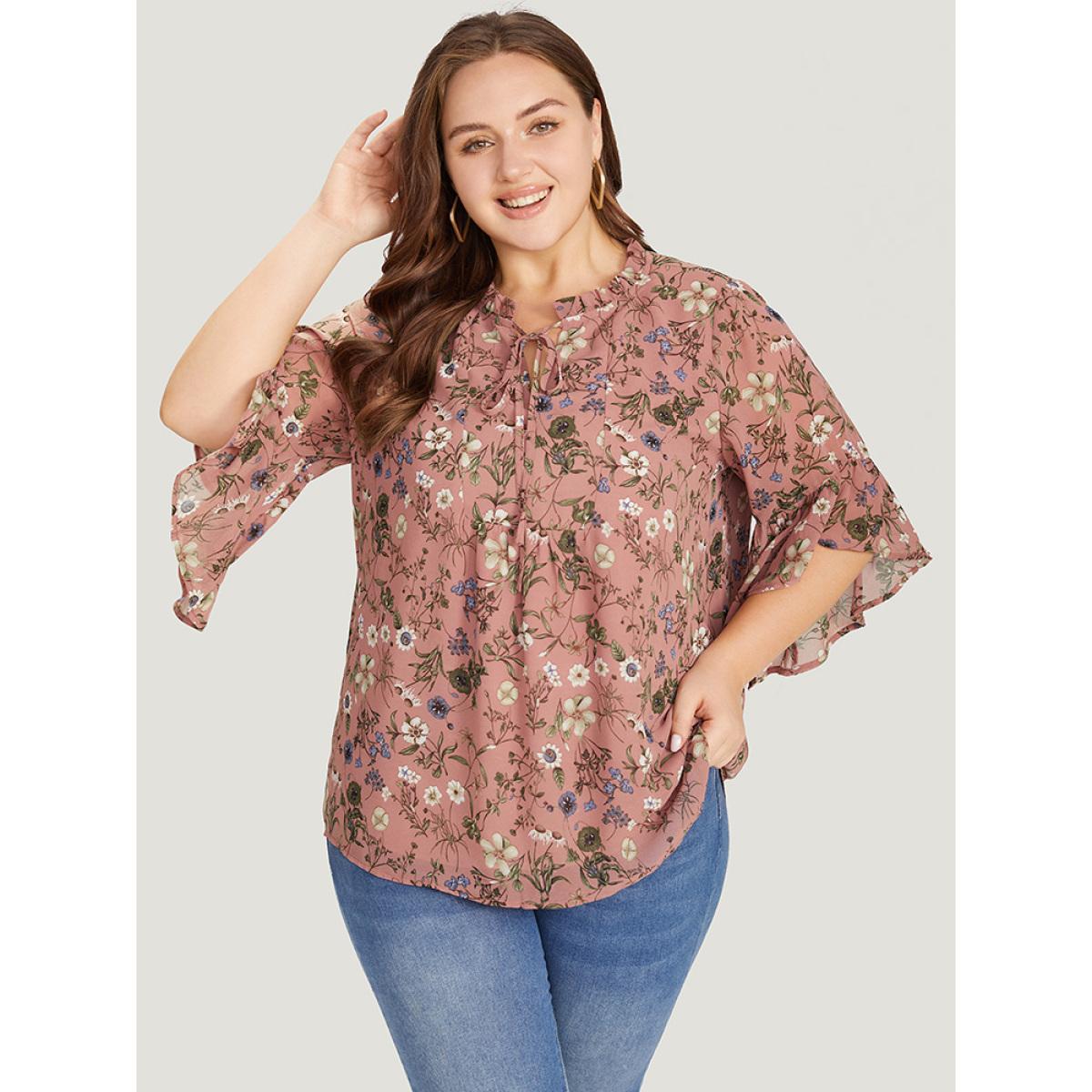 Plus Size Rouge Floral Tie Neck Frill Trim Bell Sleeve Blouse Women Elegant Half Sleeve Tie Neck Dailywear Blouses BloomChic 30/6X Product Image
