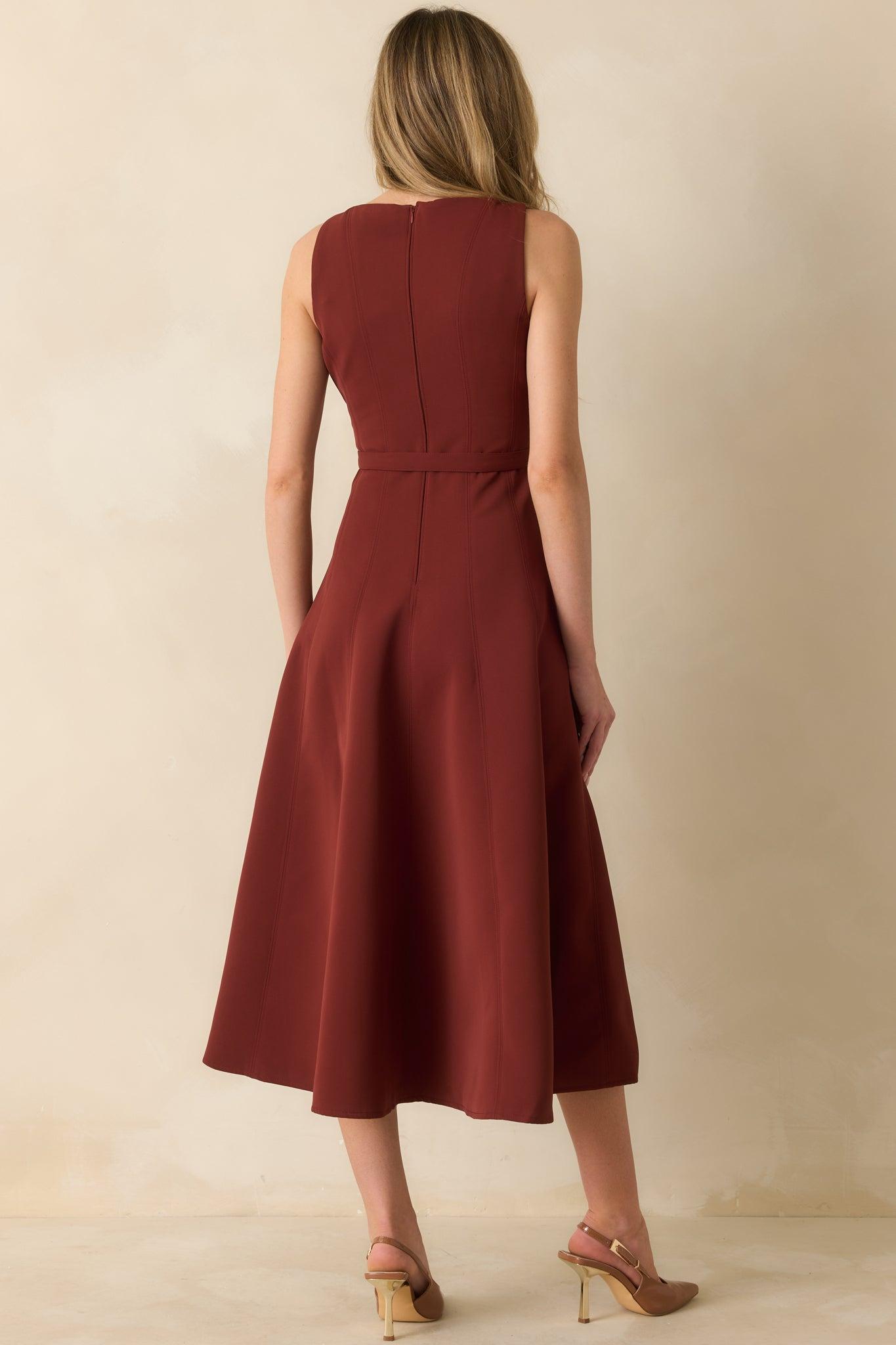 Timely Matter Dark Rust Red Belted Sleeveless Midi Dress L / Dark Rust Product Image