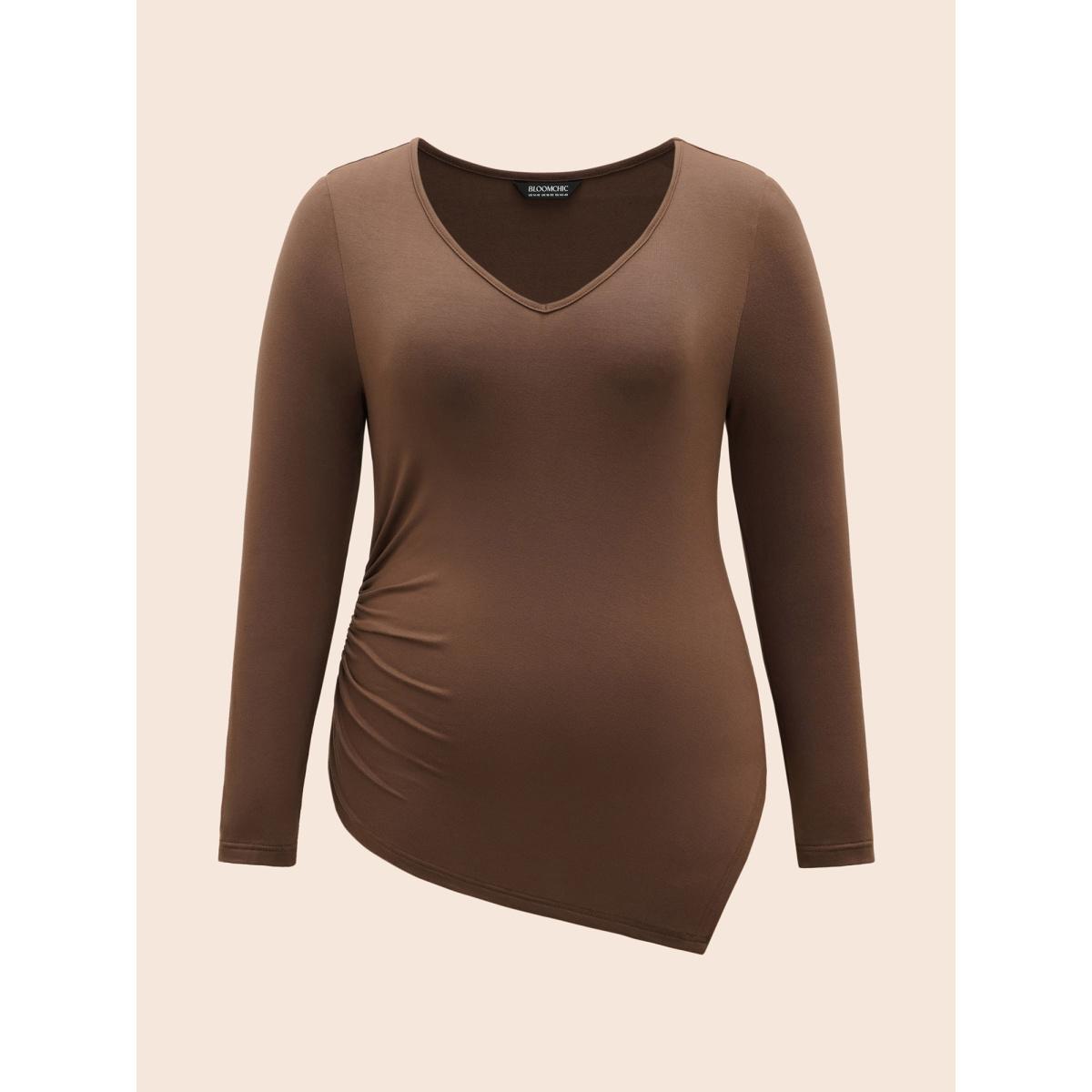 Plus Size V Neck Gathered Asymmetrical Hem T-shirt Browncoffeecolor Women Elegant Gathered V-neck Skinny Everyday T-shirts BloomChic 10/M Product Image