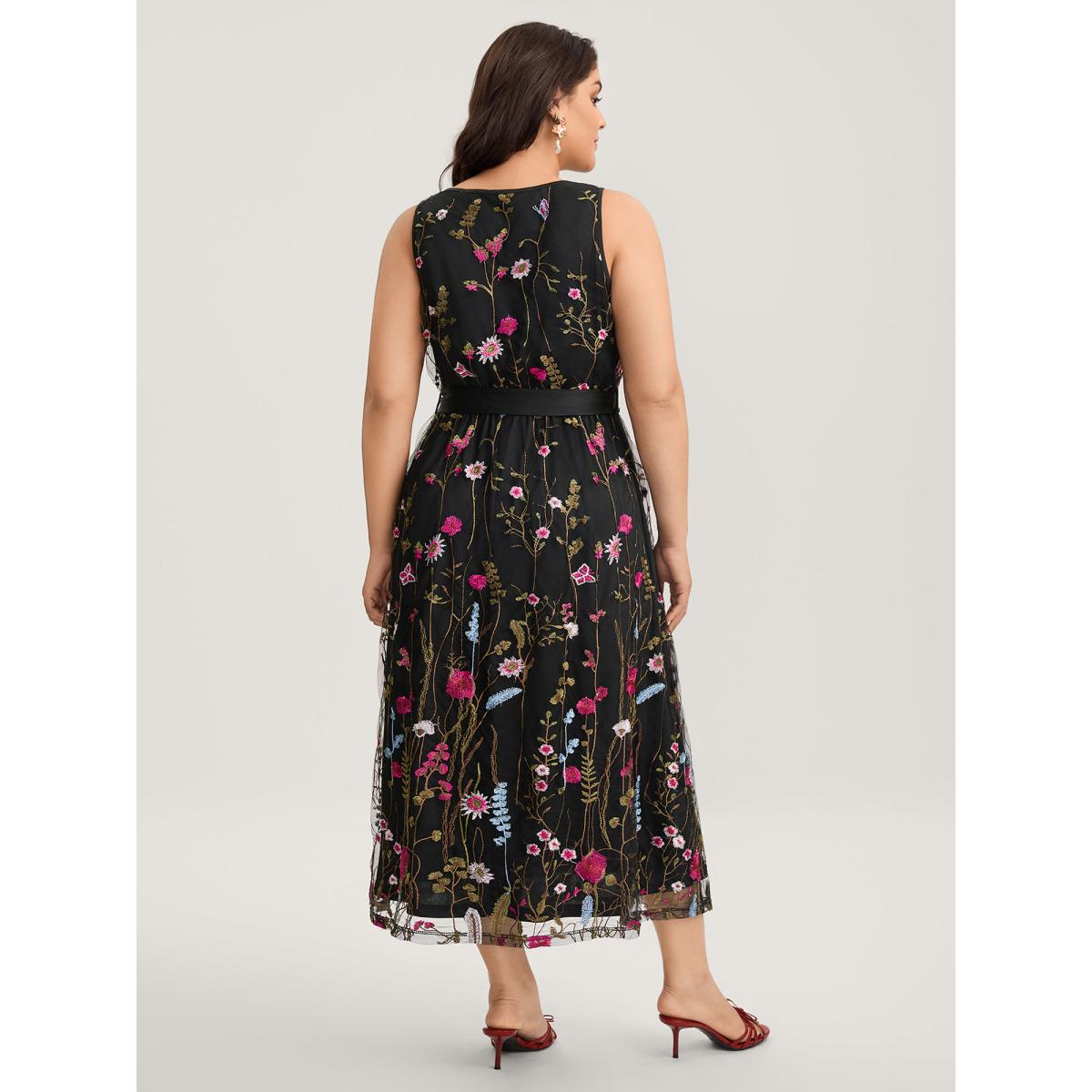 Plus Size Floral Embroidery Belted Midi Dress Black Women Formal V-neck Sleeveless Curvy BloomChic 26/4X Product Image