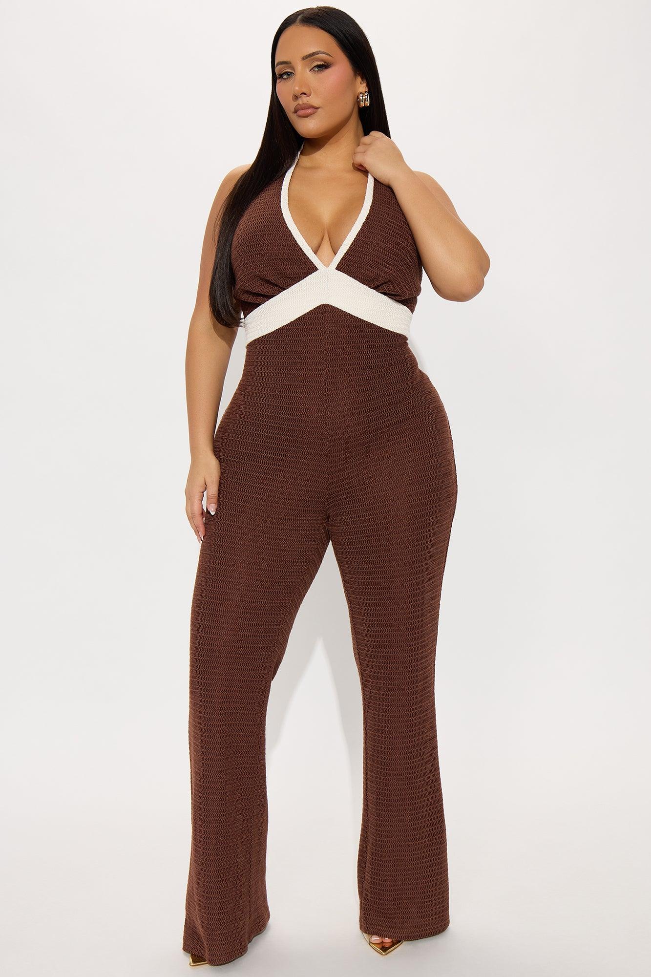 Extended Stay Crochet Jumpsuit - Chocolate/Combo Female Product Image