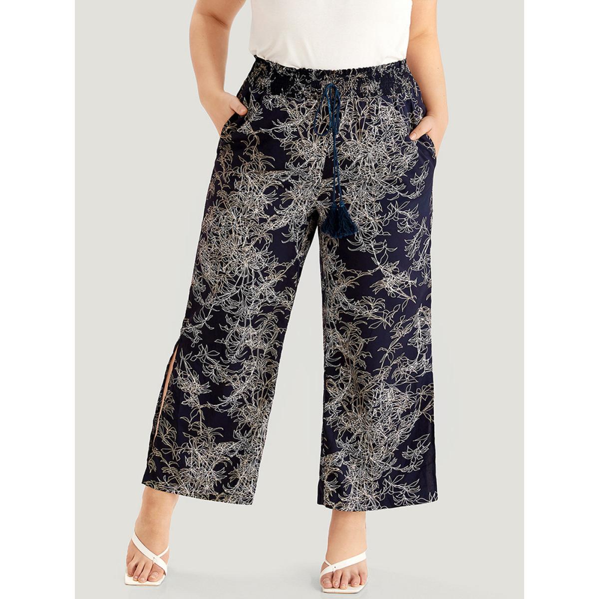 Plus Size Graphic Print Shirred Split Side Tassels Ties Pants Women Indigo Elegant Straight Leg High Rise Dailywear Pants BloomChic 10/M Product Image