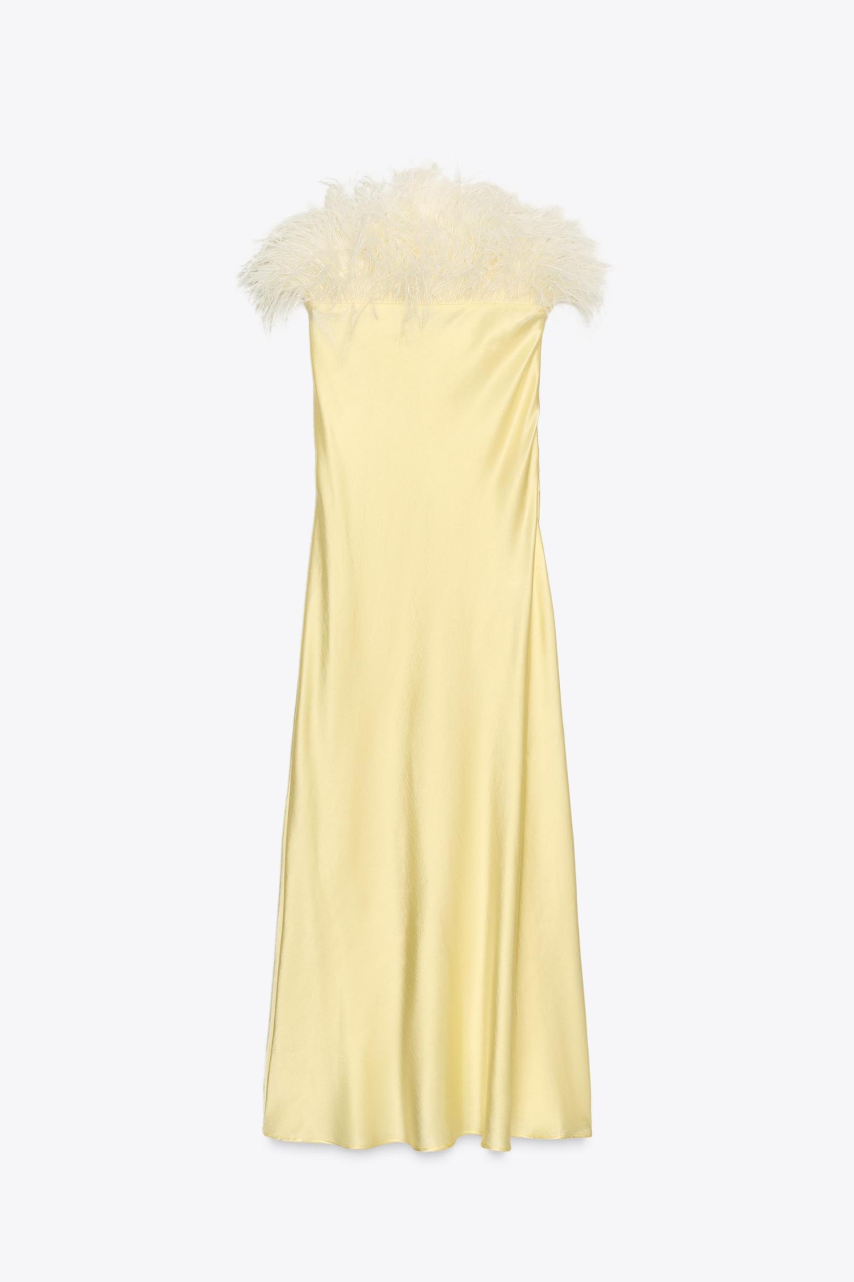 FEATHERED SATIN MIDI DRESS Product Image