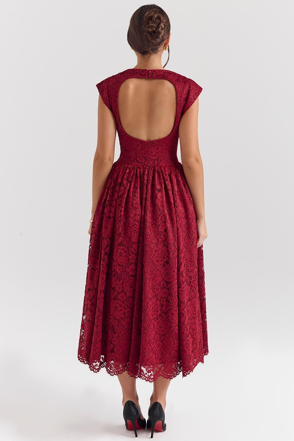 Debutante  berry lace backless midi dress Product Image