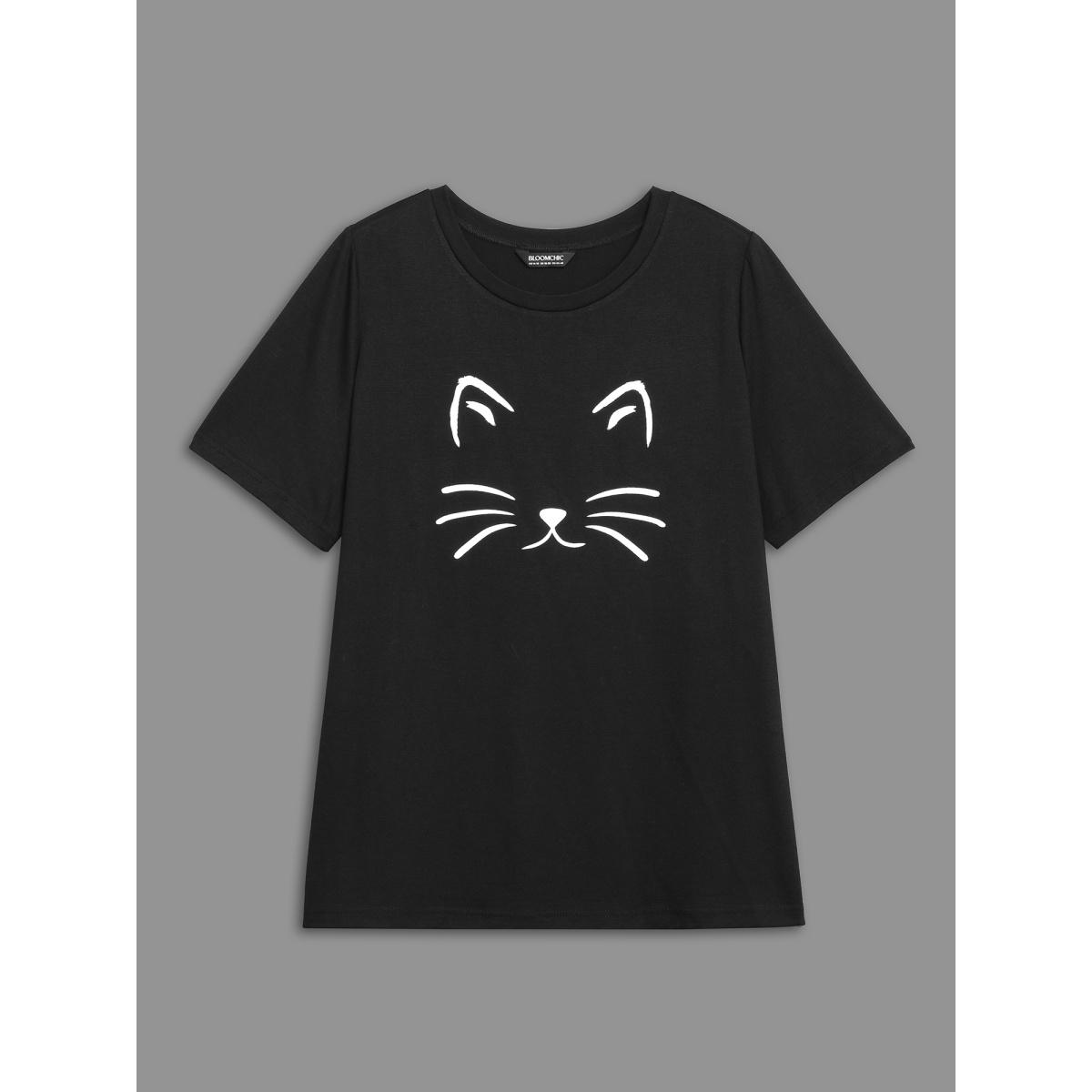 Plus Size Meow Print Round Neck Slim-Fit T-shirt Black Women Casual Non Animals Round Neck Everyday T-shirts BloomChic 30/6X Product Image