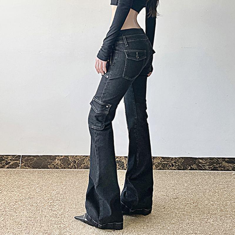 Low Waist Pocket Slim-Fit Boot-Cut Cargo Jeans Product Image