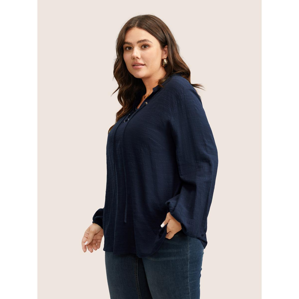 Plus Size Indigo Plain Lace Up Lantern Sleeve Blouse Women Casual Long Sleeve Shirt collar Everyday Blouses BloomChic 22-24/3X Product Image