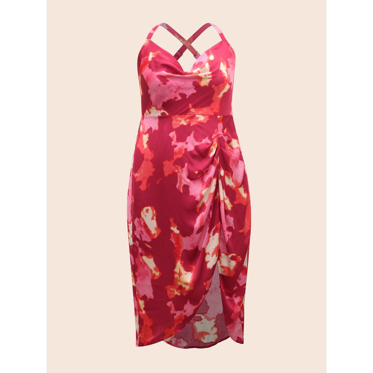 Plus Size Colorblock Contrast Shirred Pleated Dress RedViolet Women Formal Gathered Cowl Neck Sleeveless Curvy BloomChic 18-20/2X Product Image