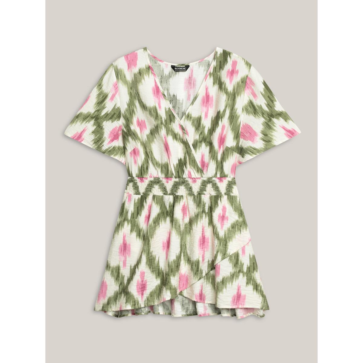 Plus Size Multicolor Tie-Dye Shirred Waist Pockets Blouse Women Short sleeve Overlap Collar Vacation Blouses BloomChic 30/6X Product Image