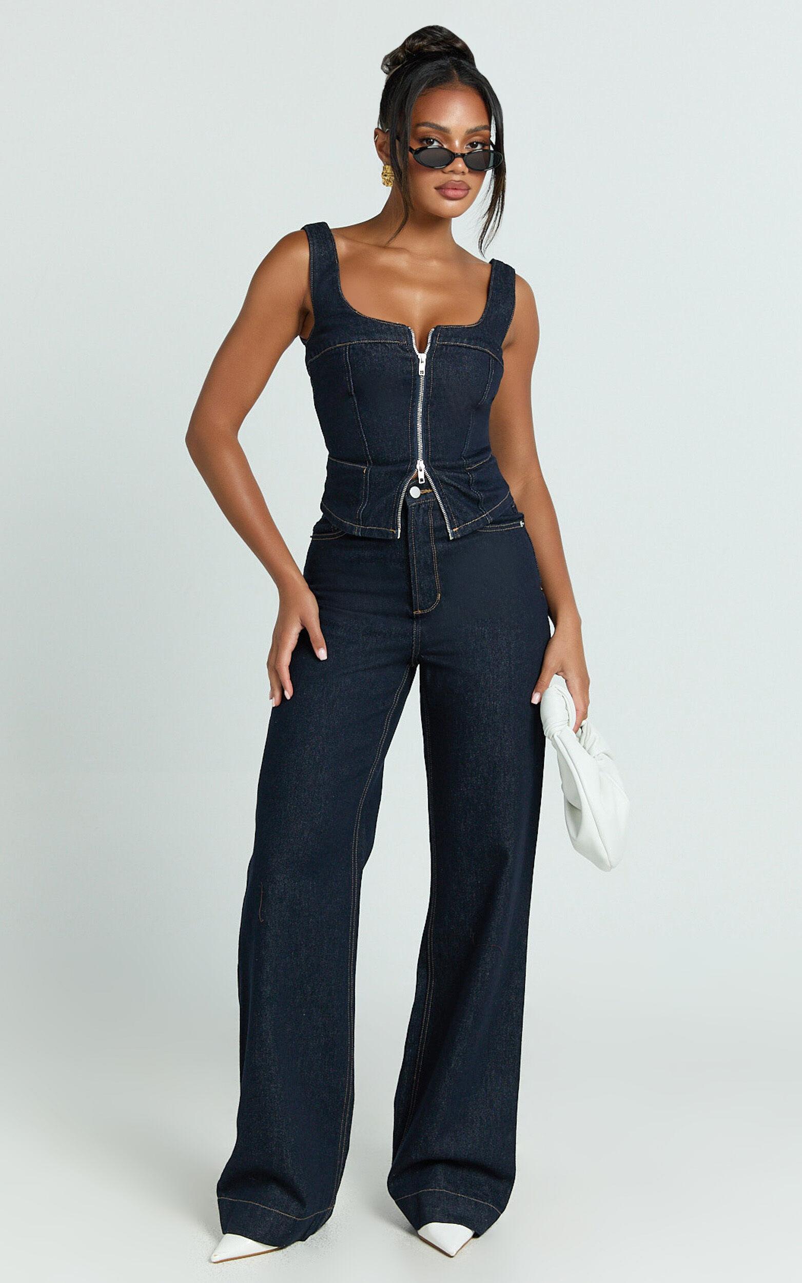 Emman Jeans - High Waisted Cotton Wide Leg Denim Jeans in Raw Denim with Tobacco Stitch Product Image