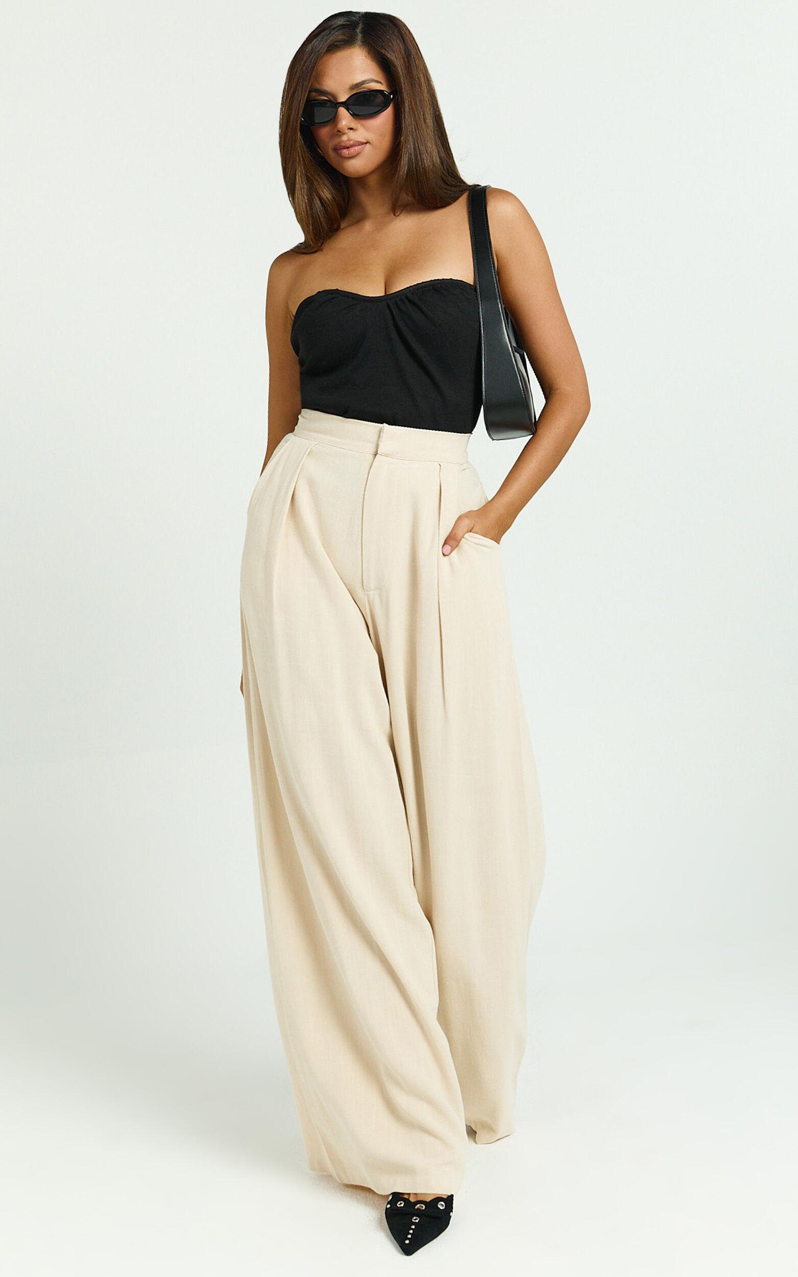 Hermione Linen Blend Pants - High Waist Wide Leg Pleated Palazzo Pants in Natural Product Image