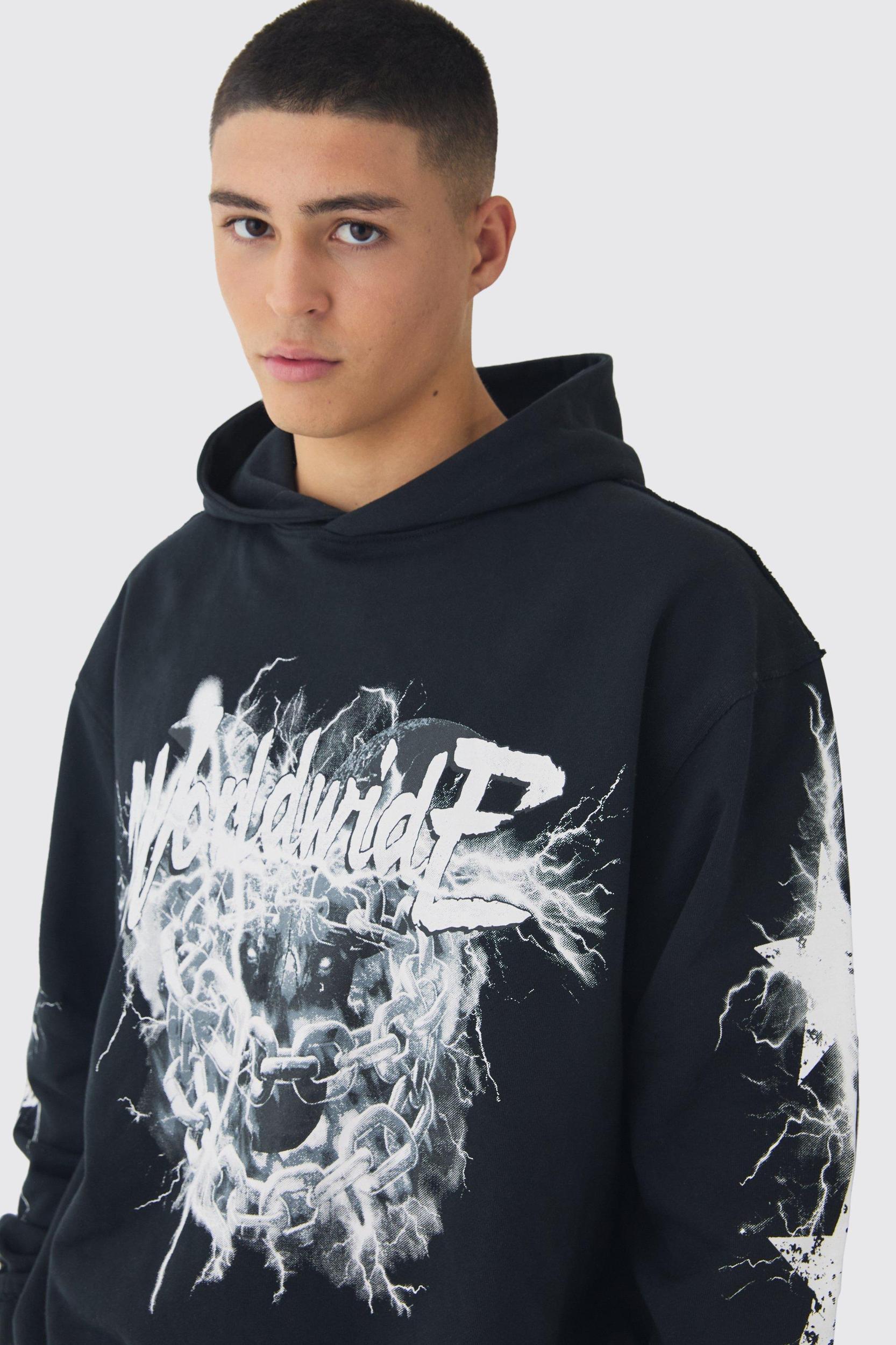 Oversized Loopback Raw Seams Worldwide Printed Hoodie | boohooMAN USA Product Image