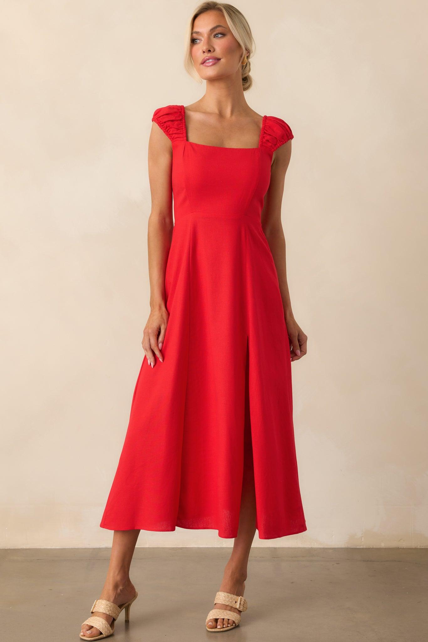 Radiant Reverie Red Linen Midi Dress Product Image