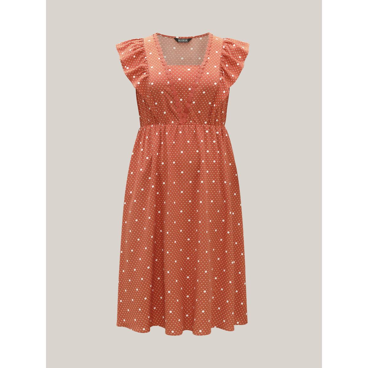 Plus Size Polka Dots Ruffled Cinched-Waist Dress Coral Women V-neck Short sleeve Curvy BloomChic 18-20/2X Product Image